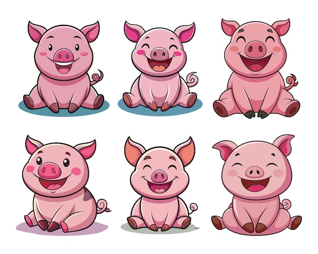 Adorable Cartoon Pig Characters Set Happy and Playful Pigs