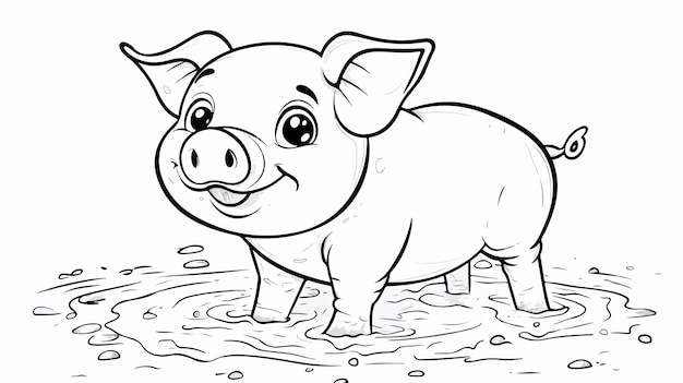 Adorable Cartoon Piggy Playing in Mud Bath Coloring Page Illustration