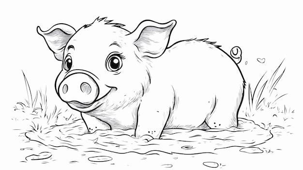 Adorable Cartoon Piggy Playing in Mud Bath Coloring Page Illustration