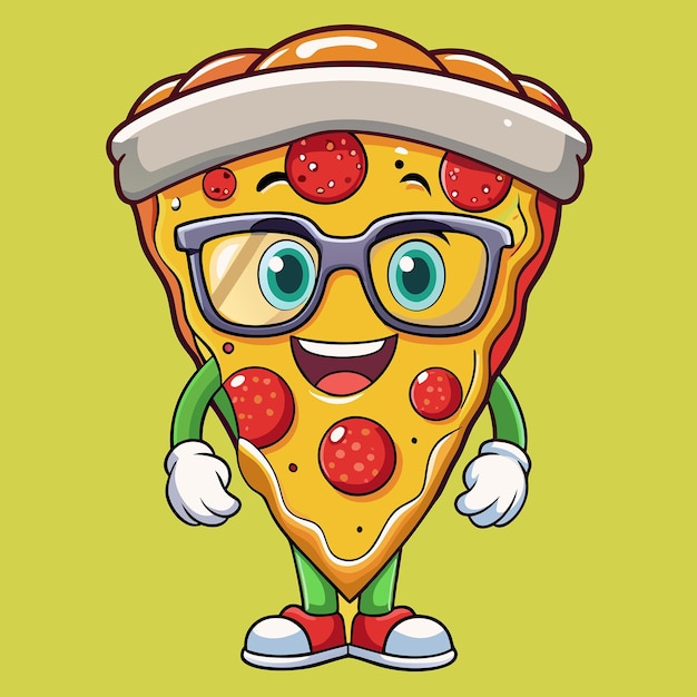 Vector adorable cartoon pizza wearing eyeglasses with a cute expression