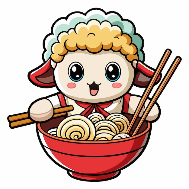 Adorable Cartoon Sheep Delighting in Ramen Noodles with Chopsticks