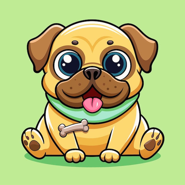 Adorable Cartoon Vector Icon of a Pug Dog Holding a Bone