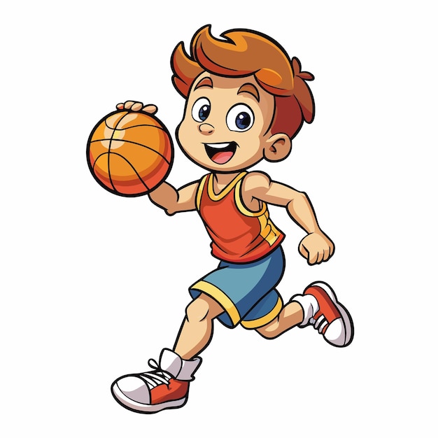 Adorable Cartoon Vector Icon of a Young Boy Playing Basketball with Skill