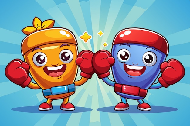 Vector adorable cartoonish boxing gloves with smiling faces or characters wearing the gloves appealing