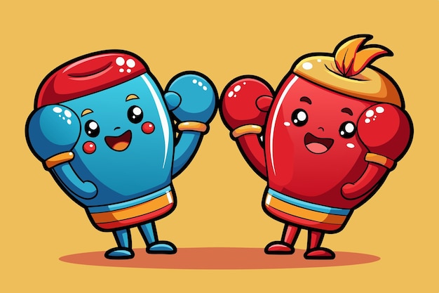 Vector adorable cartoonish boxing gloves with smiling faces or characters wearing the gloves appealing