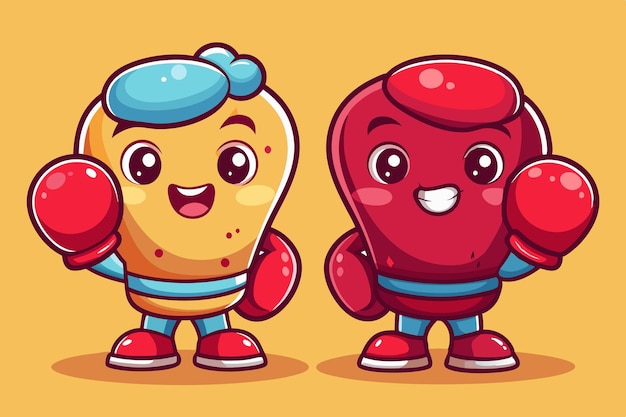 Vector adorable cartoonish boxing gloves with smiling faces or characters wearing the gloves appealing