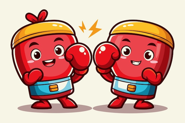 Vector adorable cartoonish boxing gloves with smiling faces or characters wearing the gloves appealing