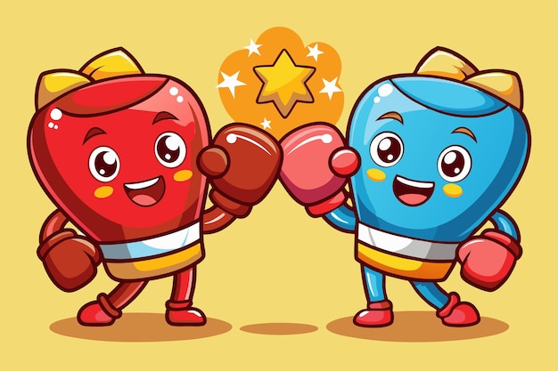 Vector adorable cartoonish boxing gloves with smiling faces or characters wearing the gloves appealing