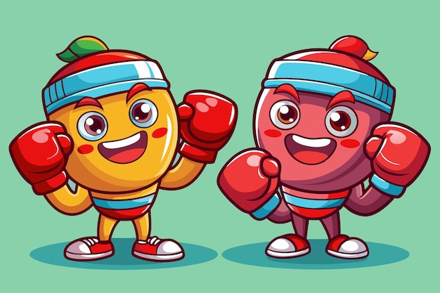 Vector adorable cartoonish boxing gloves with smiling faces or characters wearing the gloves appealing