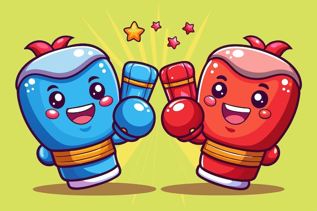 Vector adorable cartoonish boxing gloves with smiling faces or characters wearing the gloves appealing