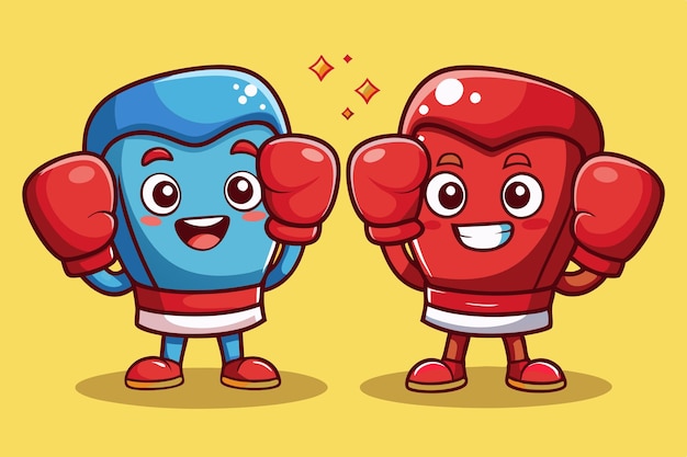 Vector adorable cartoonish boxing gloves with smiling faces or characters wearing the gloves appealing