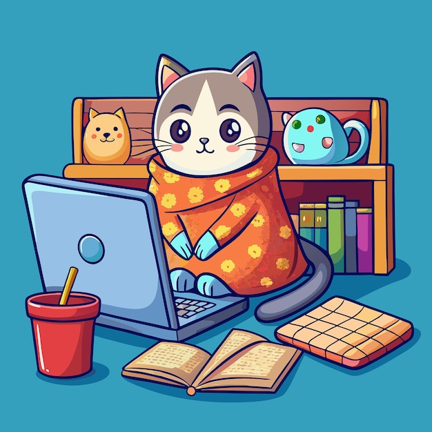 Vector adorable cat cuddles up with blanket and enjoys movie on laptop