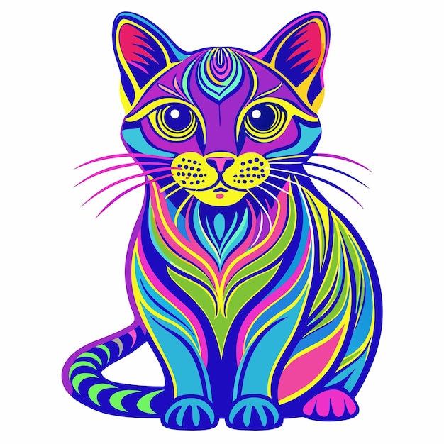 Vector adorable cat sticker in neon naive art style