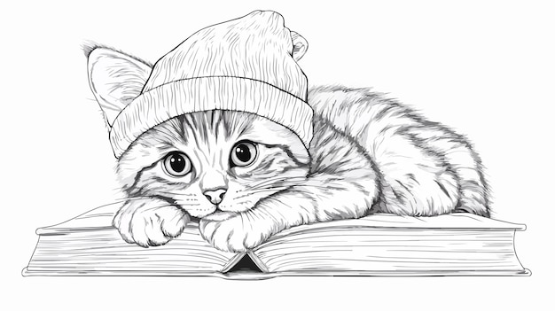 Adorable Cat Wearing Witch Hat Lying on Colorful Books for Coloring Page