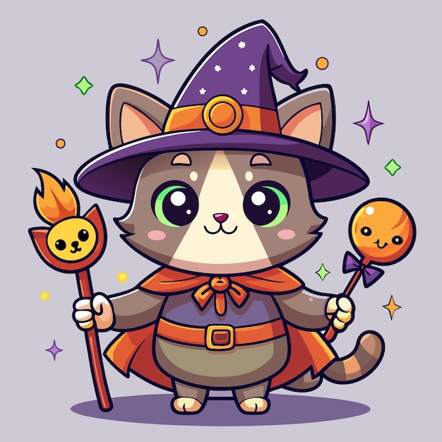 Vector adorable cat witch in spooky halloween outfit with magic stick cartoon vector illustration