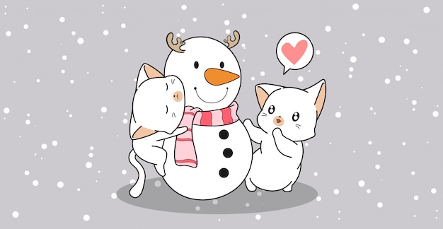 Adorable cats is hugging snowman