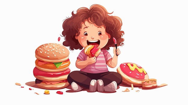 Vector adorable chubby child enjoying unhealthy snacks in cartoon style vector illustration