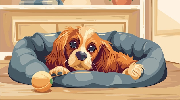 Vector adorable cocker spaniel with toy in pet bed home