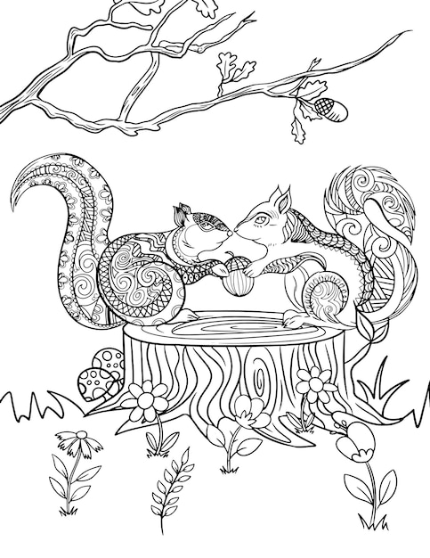 Adorable Couple Squirrel Line Drawing Sharing Piece Of Nut On Top Of Big Cutted Wood In The Forest. Squirrel Partenrs Splitting Thier Food Under A Tree.