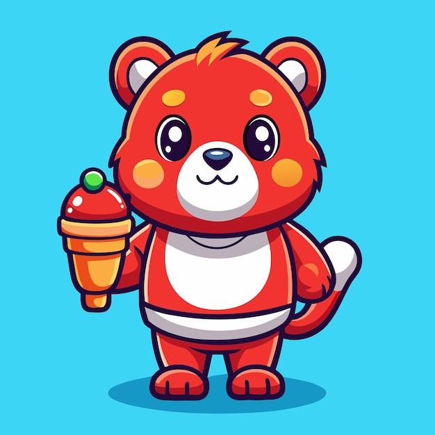 Adorable Crimson Bear Indulging in a Refreshing Treat in a Coffee Setting