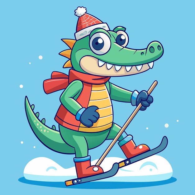 Vector adorable crocodile on ice skiing cartoon vector illustration