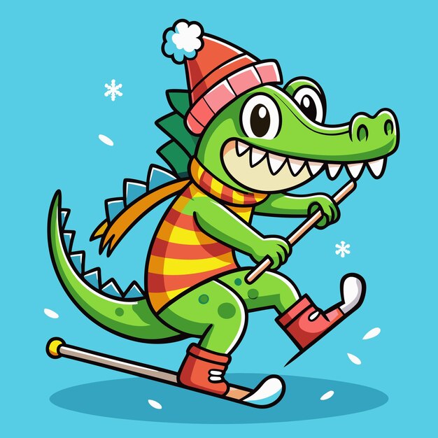 Adorable Crocodile Winter Skiing Cartoon Vector Illustration