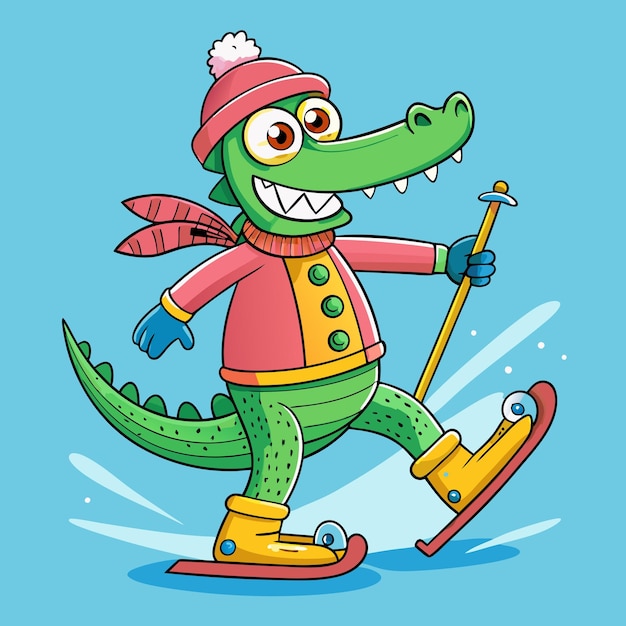 Vector adorable crocodile in winter sports gear cartoon vector illustration