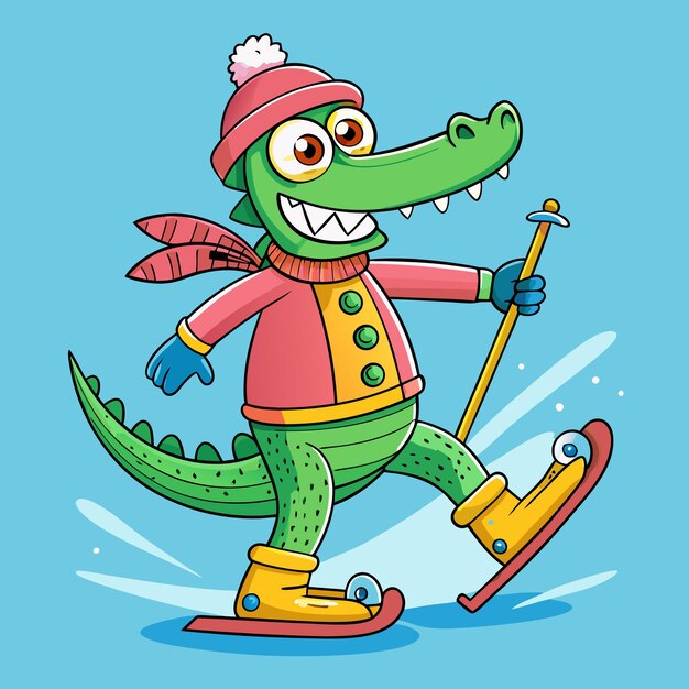 Vector adorable crocodile in winter sports gear cartoon vector illustration