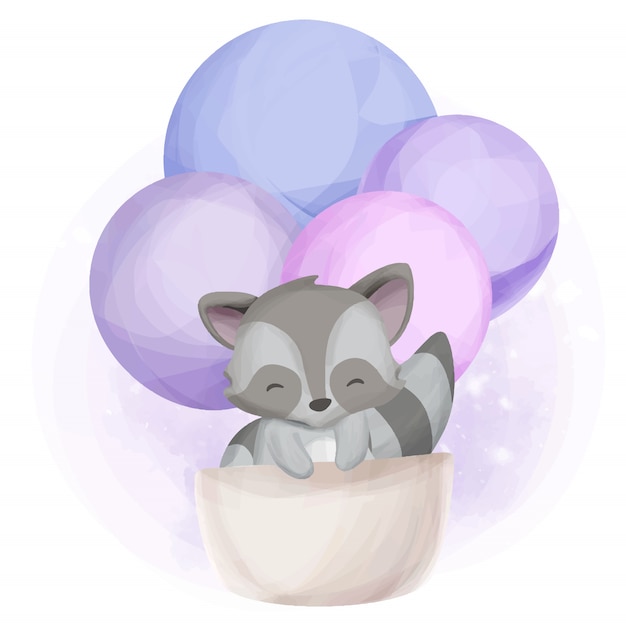 Adorable Cute Animal Raccoon and Balloon