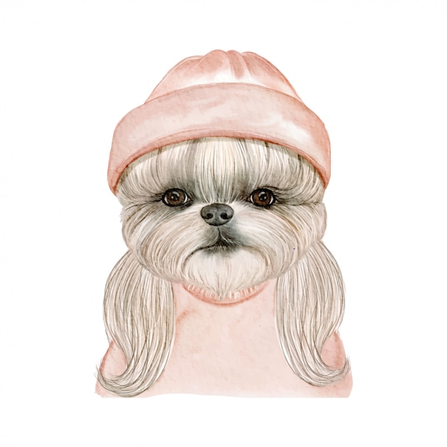 Adorable cute dog with hat watercolor illustration