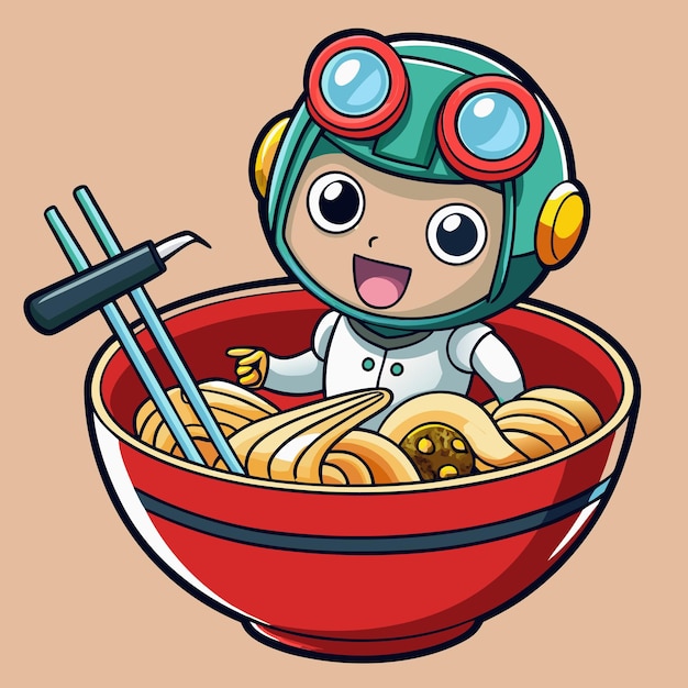 Vector adorable diver enjoys ramen with chopsticks in humorous cartoon