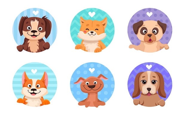 Adorable dog avatar icons with hearts and colorful backgrounds for profile Cute pet faces