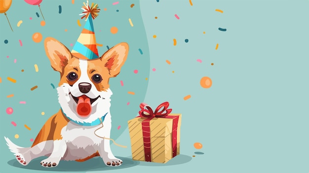 Vector adorable dog in party hat with gift on colorful background