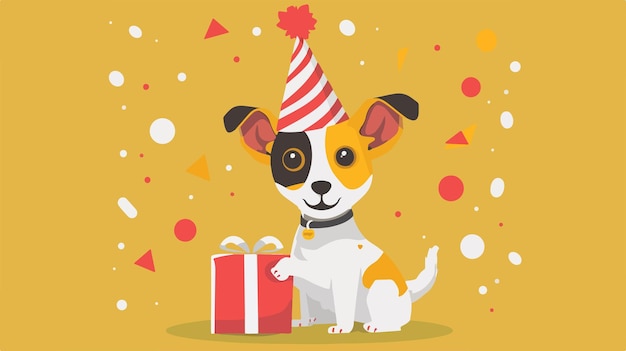 Vector adorable dog in party hat with gift on colorful background