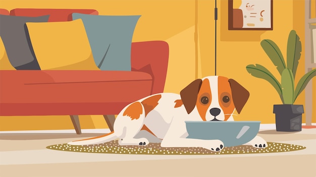 Adorable Dog with Bowl on Carpet in Living Room