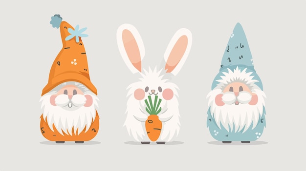 Vector adorable easter gnome in rabbit costume holding carrot flat lay