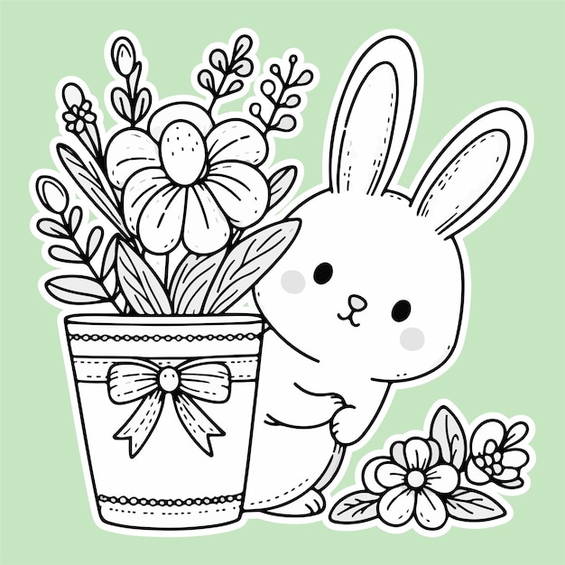 Adorable easter rabbit or bunny peeking out from behind a flower vase Sticker for easter day