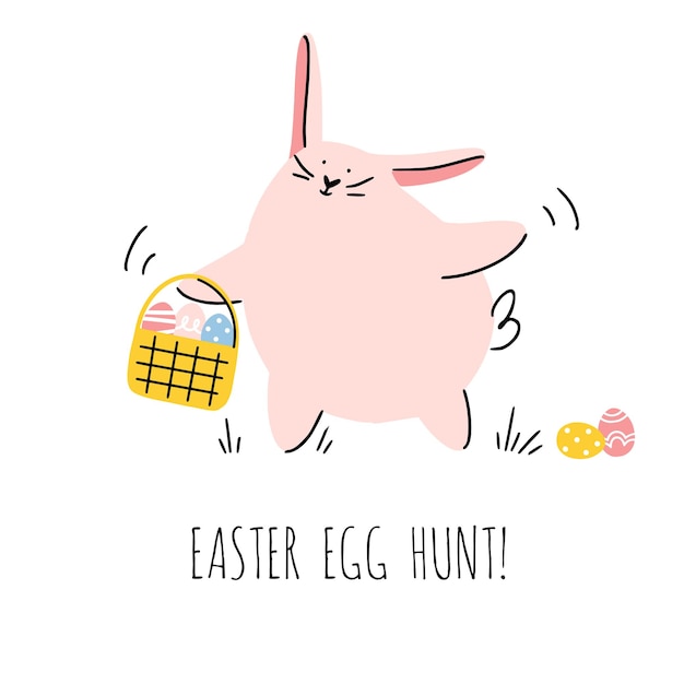 Adorable eastern bunny with basket is going to easter egg hunt