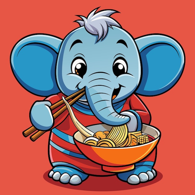 Adorable Elephant Enjoying Ramen with Chopsticks in Cartoon Style