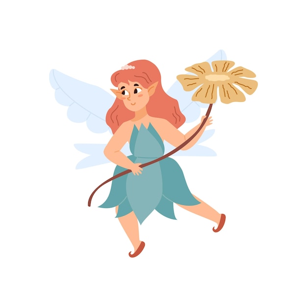 Adorable fairy girl flying holding beautiful flower in flat vector illustration isolated on white background Magic cartoon pixie character from fairytale in wonderland with magic wings