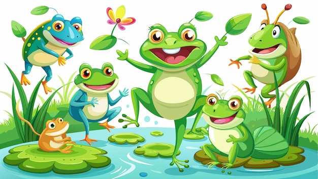 Vector adorable frog characters isolated on pristine white background