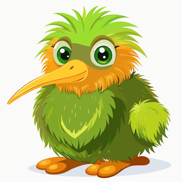 Vector adorable fuzzy green kiwi bird with long orange beak on white background