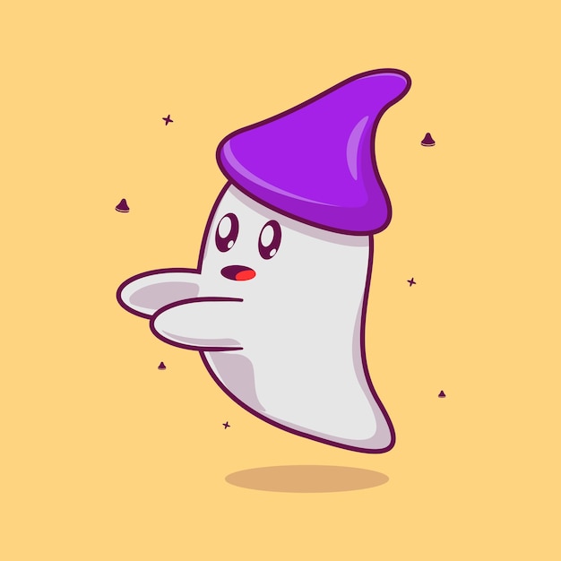 Vector adorable ghost wearing a witch hat. halloween concept. simple premium design