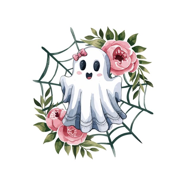 Vector adorable ghost with floral and spiderweb design