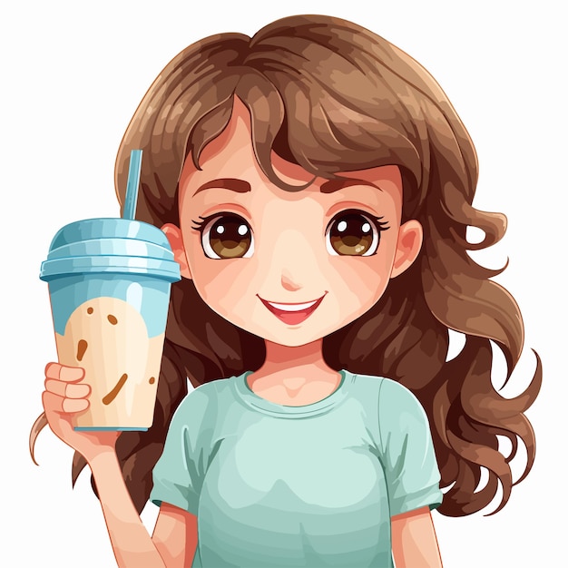 Adorable Girl Cartoon Character Holding Drink Cup