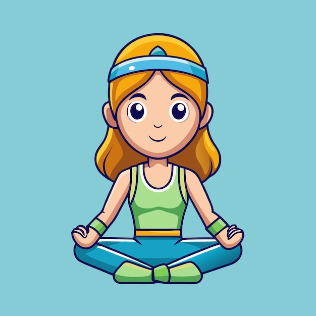 Vector adorable girl practicing peaceful yoga meditation in cartoon vector illustration