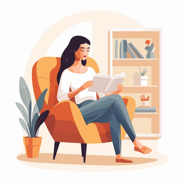 Adorable Girl Sitting in Comfy Armchair and Reading