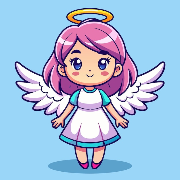 Adorable Girl with Angel Halo and Wings Cartoon Vector Illustration