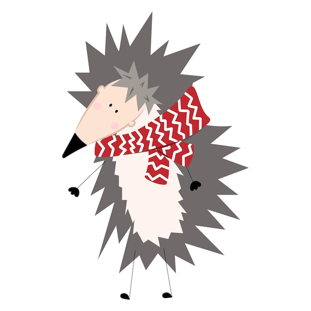 Adorable gray hedgehog in striped scarf in flat style Vector clip art for Christmas or new year