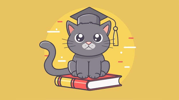 Vector adorable grey cat celebrating graduation with hat diploma and books